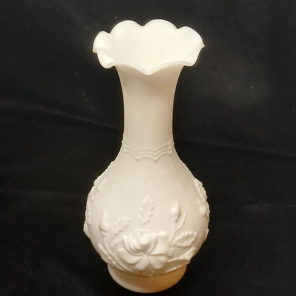 Vintage white matte glass vase with embossed roses and ruffled edge 6.5 inch
